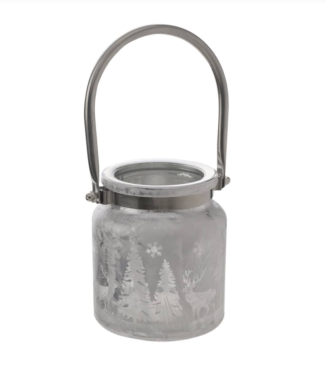 FROSTED REINDEER FOREST SCENE LANTERN WITH HANDLE