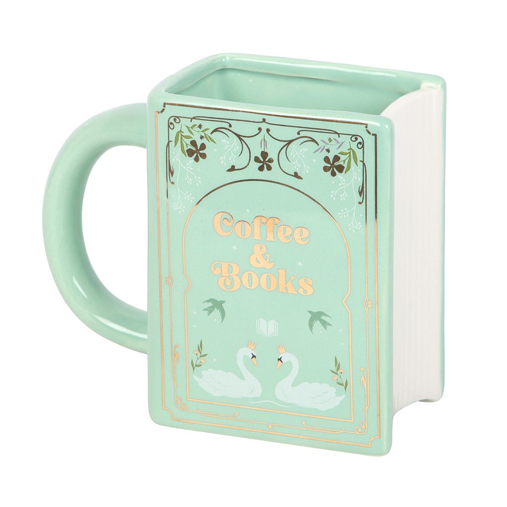 COFFEE AND BOOKS GREEN BOOK SHAPED MUG