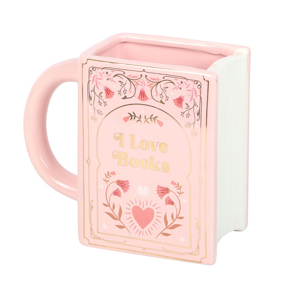 I LOVE BOOKS PINK BOOK SHAPED MUG