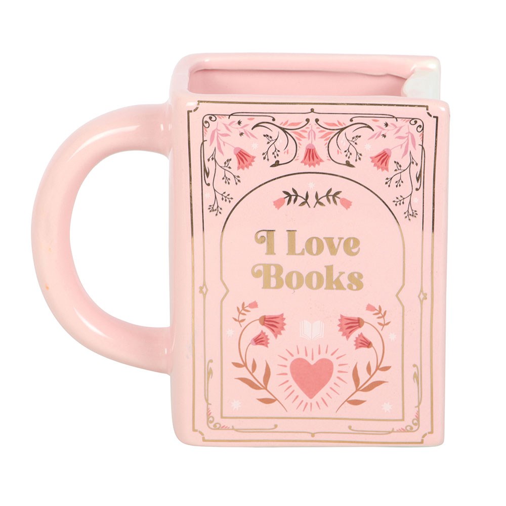 I LOVE BOOKS PINK BOOK SHAPED MUG