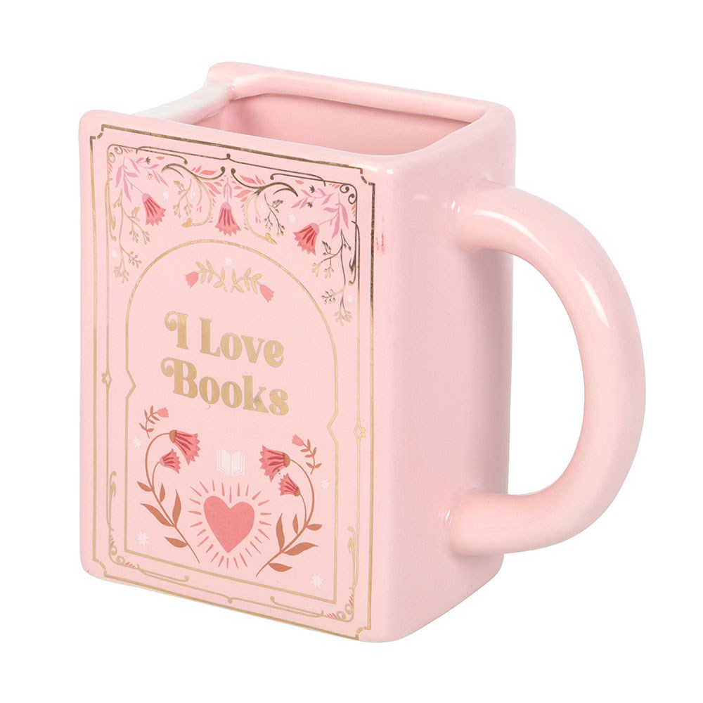 I LOVE BOOKS PINK BOOK SHAPED MUG