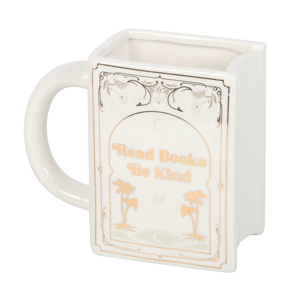 READ BOOKS BE KIND WHITE BOOK SHAPED MUG