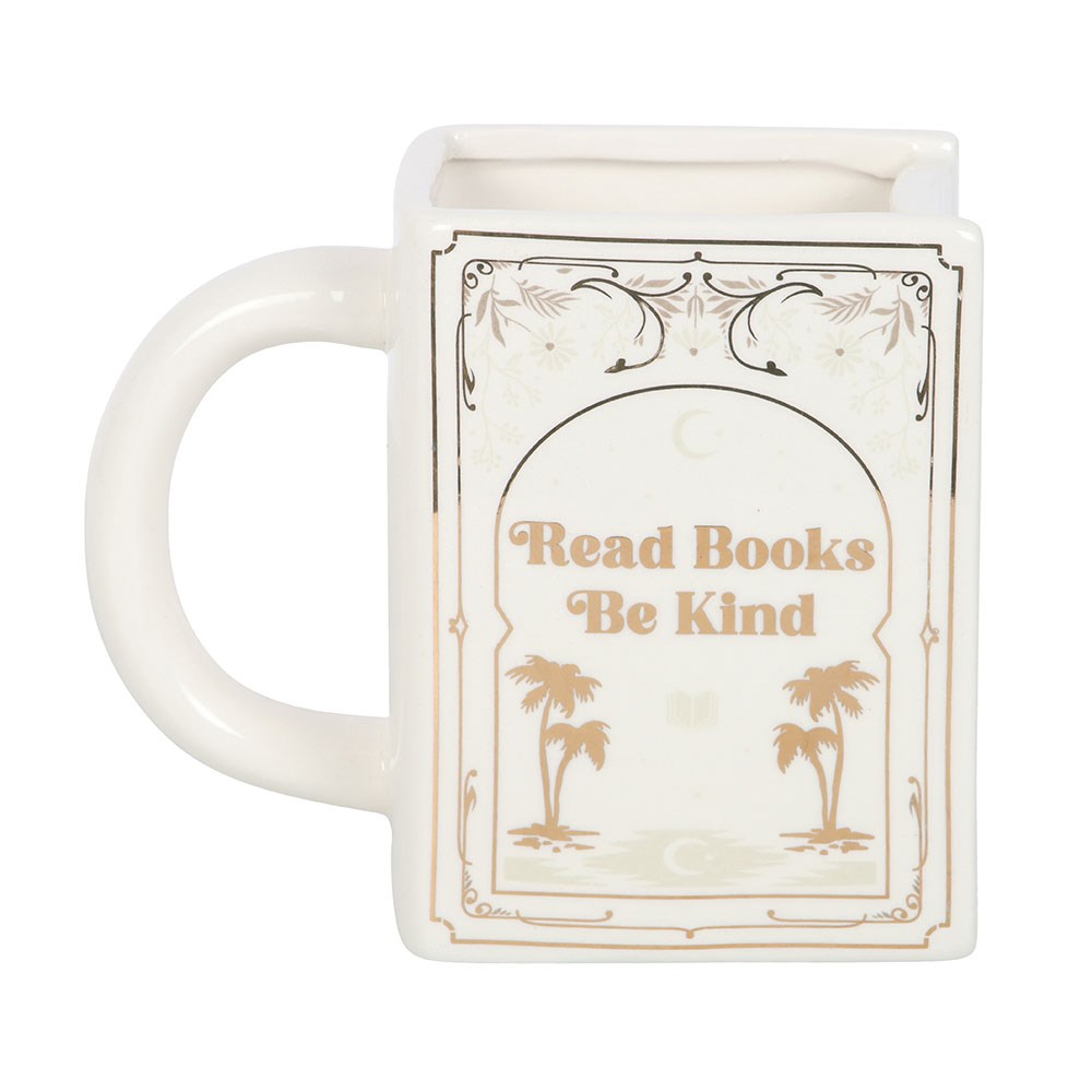 READ BOOKS BE KIND WHITE BOOK SHAPED MUG