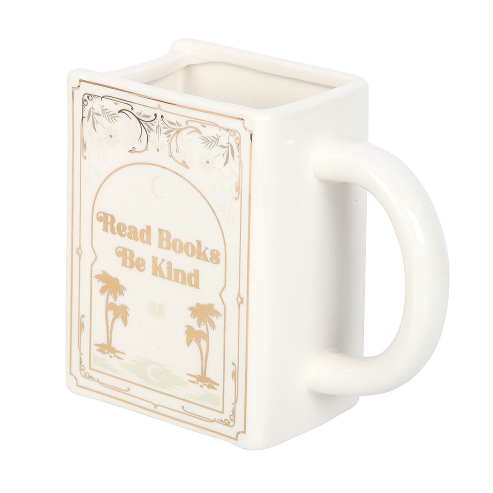 READ BOOKS BE KIND WHITE BOOK SHAPED MUG
