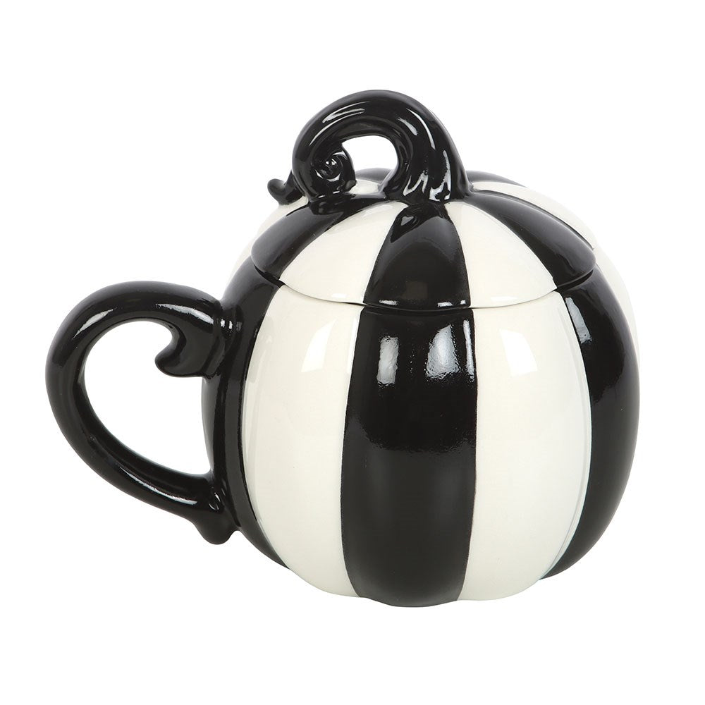 BLACK AND WHITE STRIPED PUMPKIN LIDDED MUG