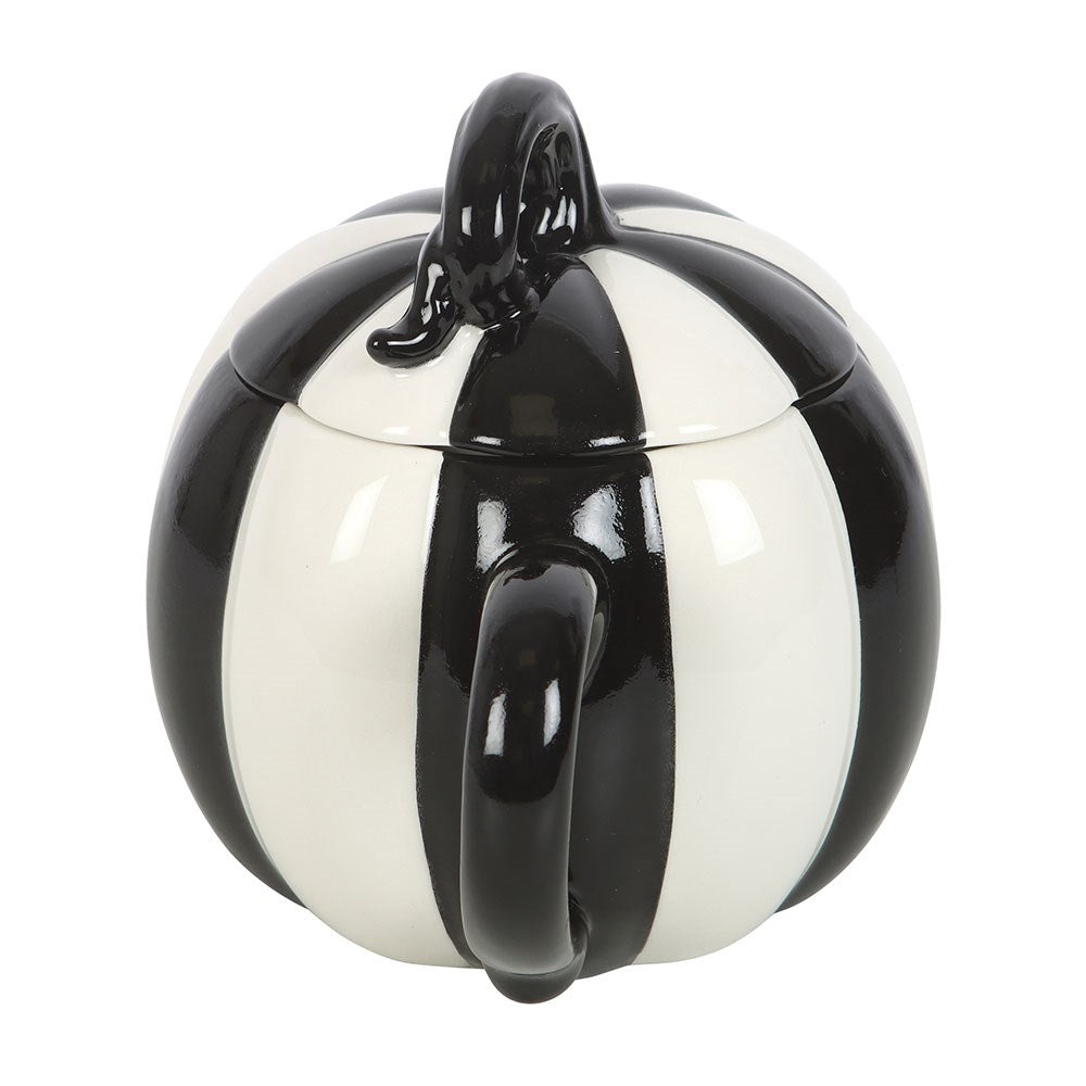 BLACK AND WHITE STRIPED PUMPKIN LIDDED MUG