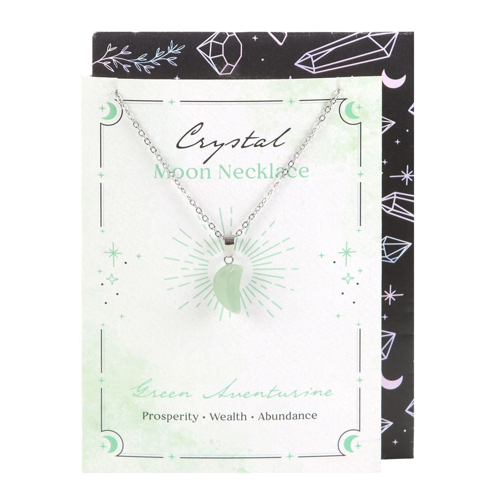 GREEN AVENTURINE CRYSTAL MOON NECKLACE ON GREETING CARD
