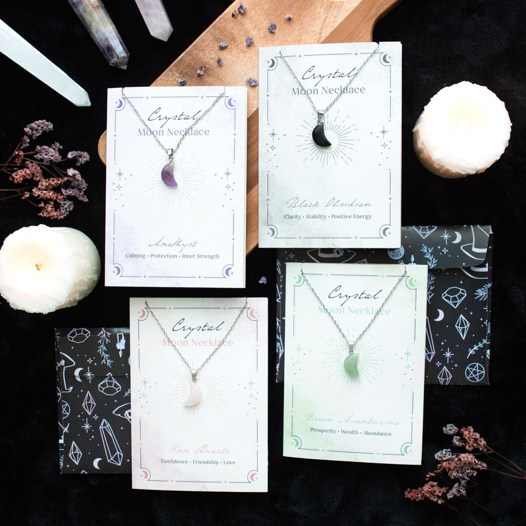 GREEN AVENTURINE CRYSTAL MOON NECKLACE ON GREETING CARD