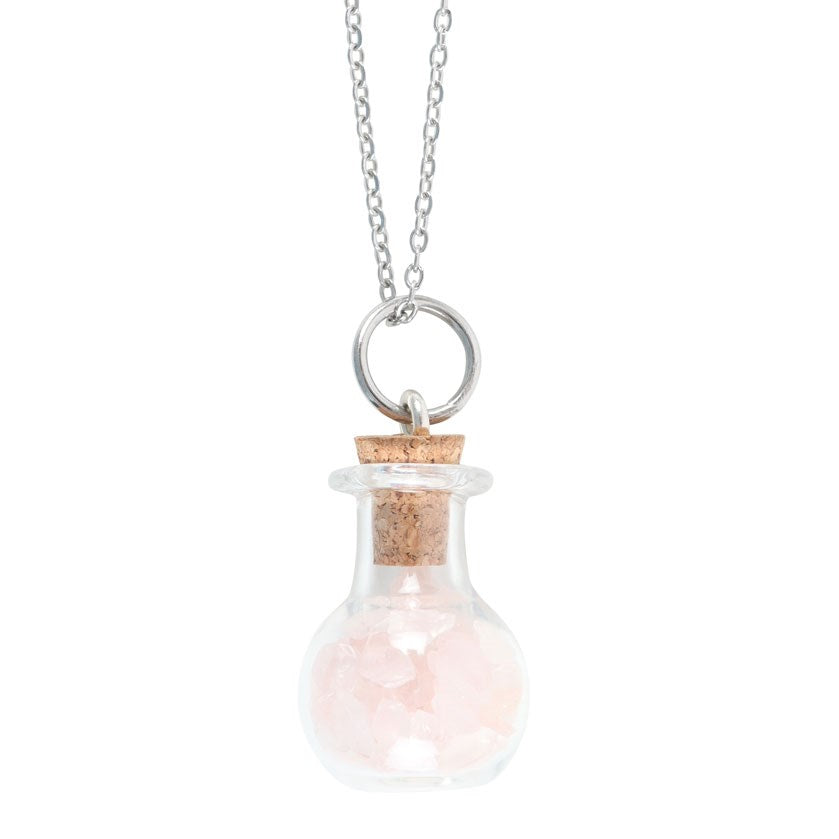 LOVE ROSE QUARTZ CRYSTAL CHIP POTION BOTTLE NECKLACE