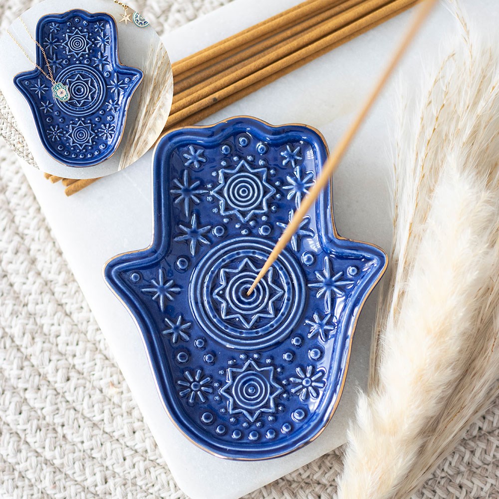 DARK BLUE HAND OF HAMSA INCENSE HOLDER AND TRINKET DISH