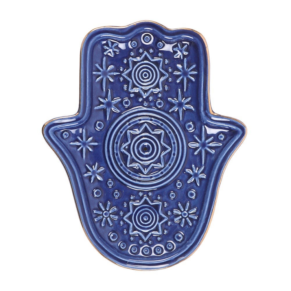 DARK BLUE HAND OF HAMSA INCENSE HOLDER AND TRINKET DISH