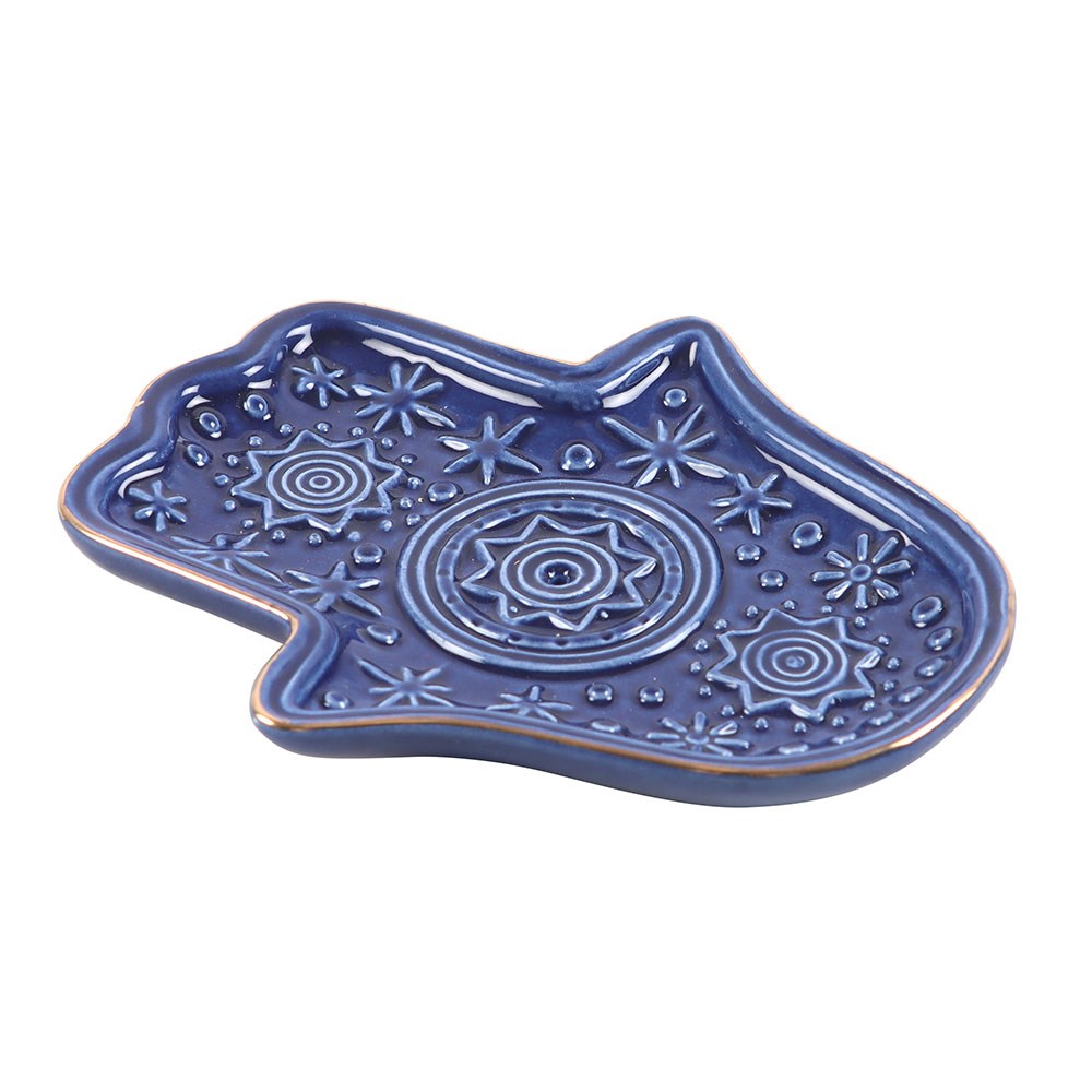 DARK BLUE HAND OF HAMSA INCENSE HOLDER AND TRINKET DISH