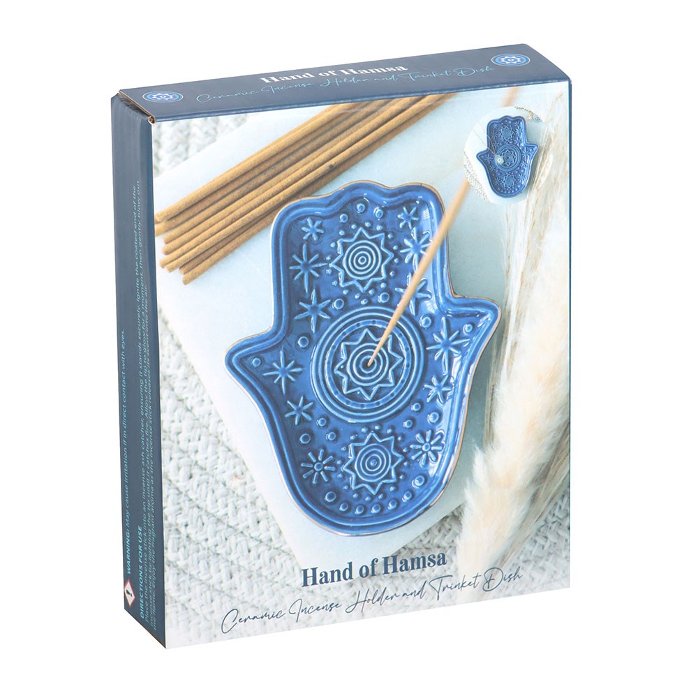 DARK BLUE HAND OF HAMSA INCENSE HOLDER AND TRINKET DISH