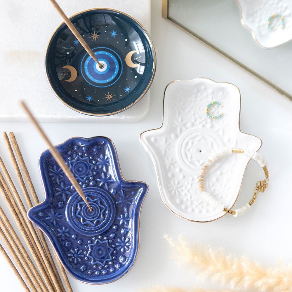 DARK BLUE HAND OF HAMSA INCENSE HOLDER AND TRINKET DISH