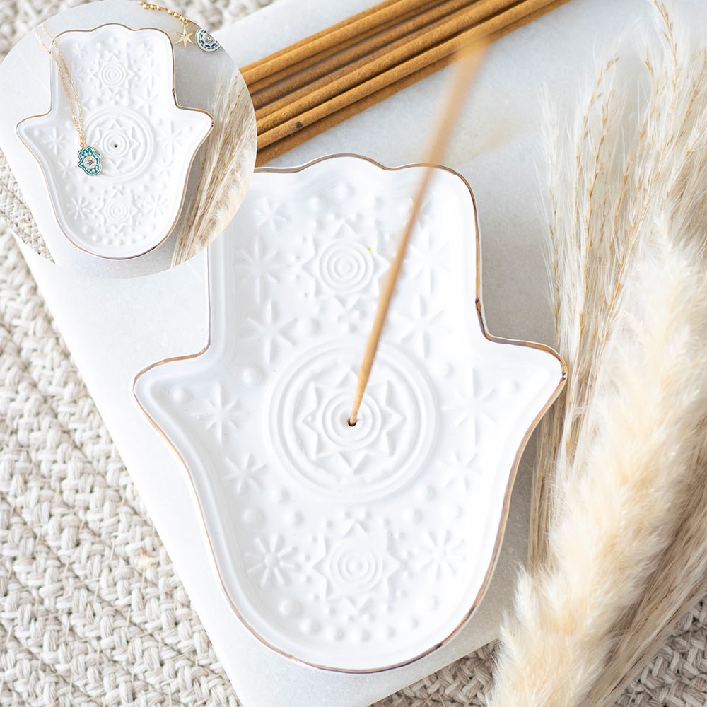 WHITE HAND OF HAMSA INCENSE HOLDER AND TRINKET DISH
