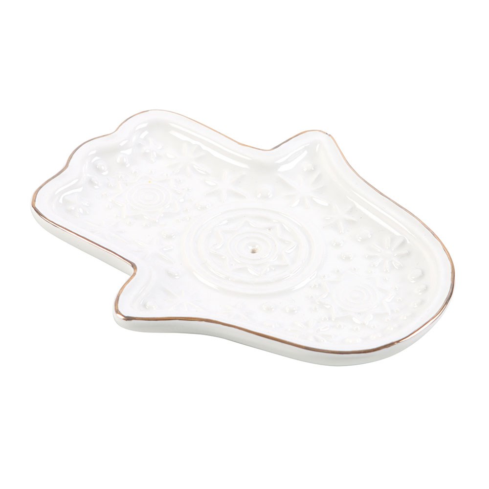 WHITE HAND OF HAMSA INCENSE HOLDER AND TRINKET DISH