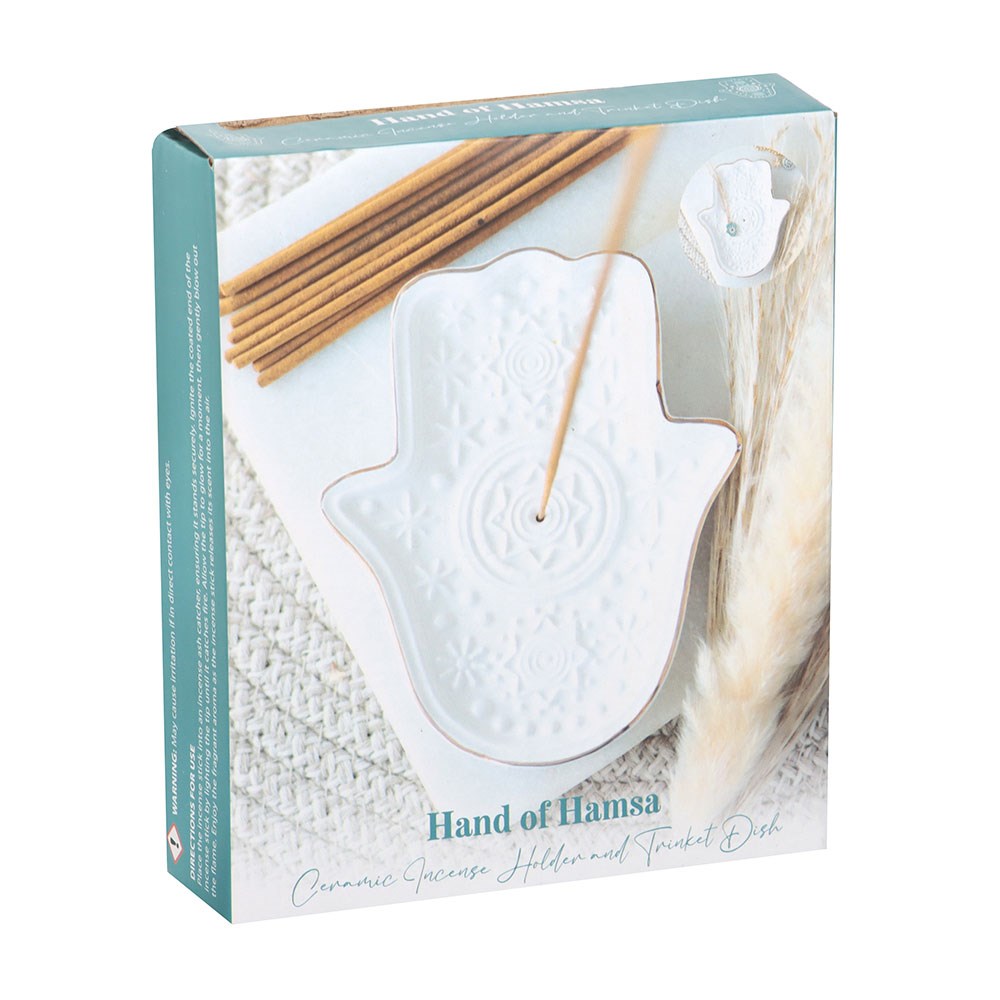 WHITE HAND OF HAMSA INCENSE HOLDER AND TRINKET DISH