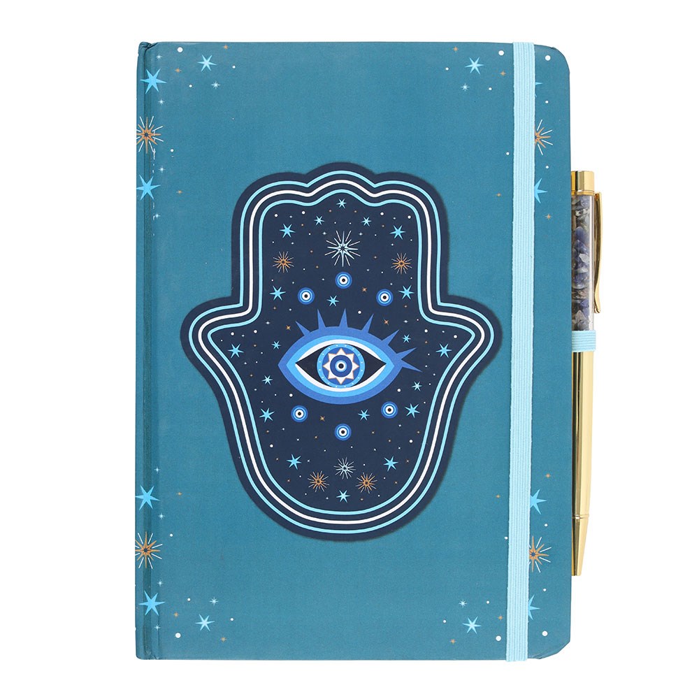HAND OF HAMSA A5 NOTEBOOK WITH CRYSTAL CHIP PEN
