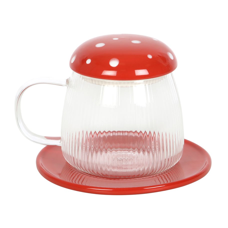 RED GLASS MUSHROOM MUG AND SAUCER