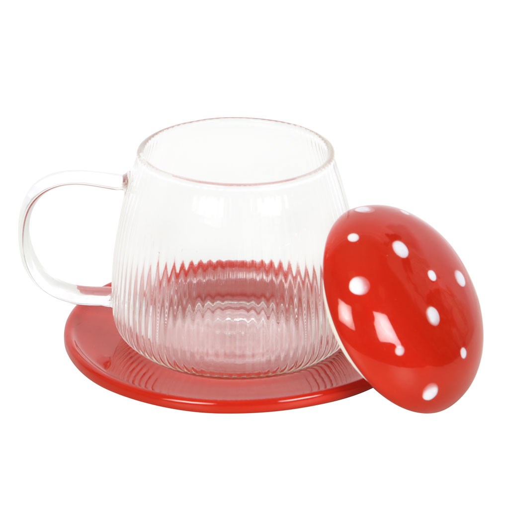 RED GLASS MUSHROOM MUG AND SAUCER