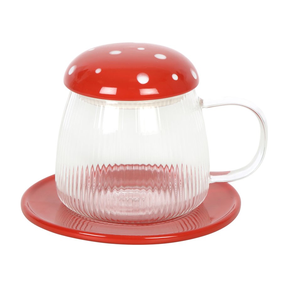 RED GLASS MUSHROOM MUG AND SAUCER