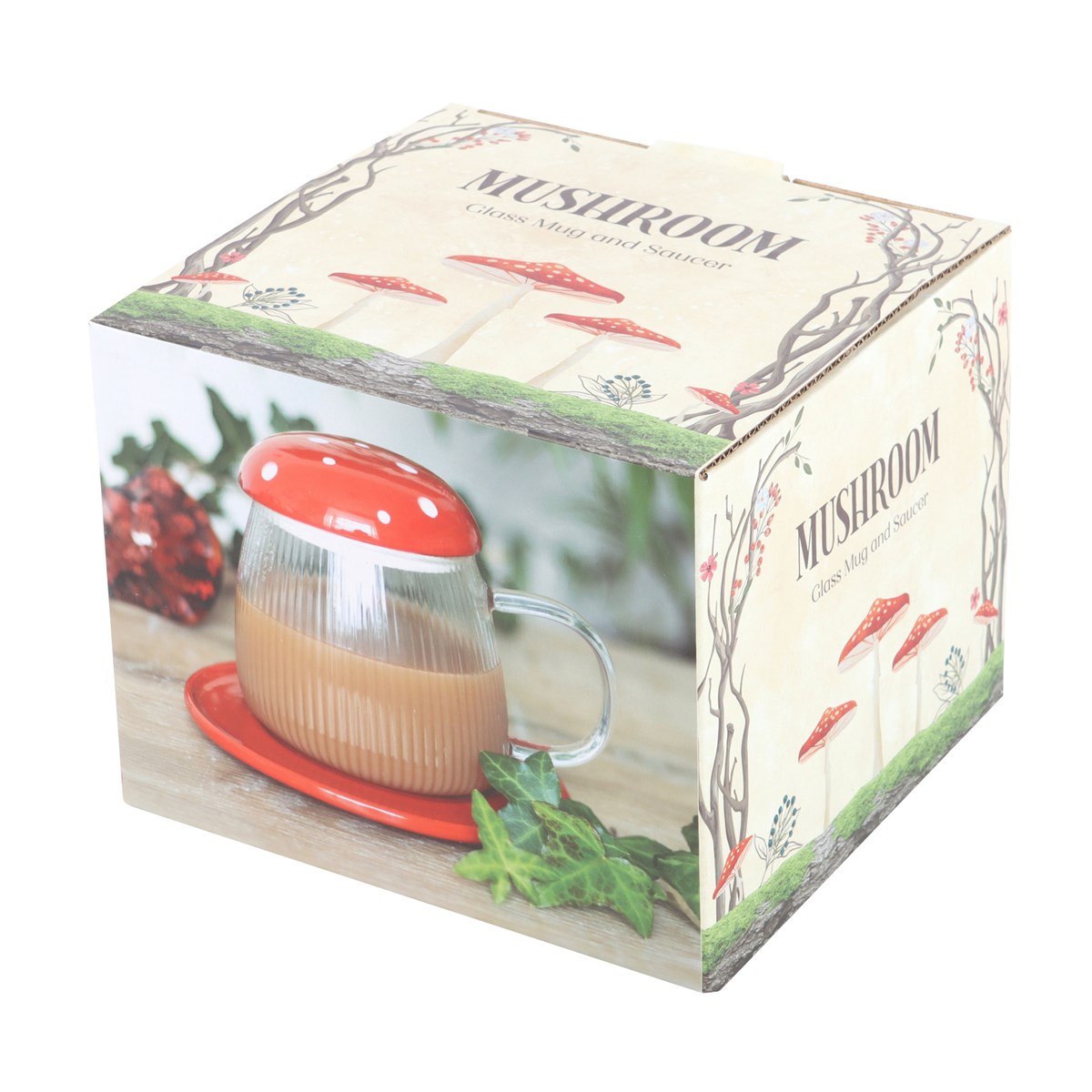 RED GLASS MUSHROOM MUG AND SAUCER