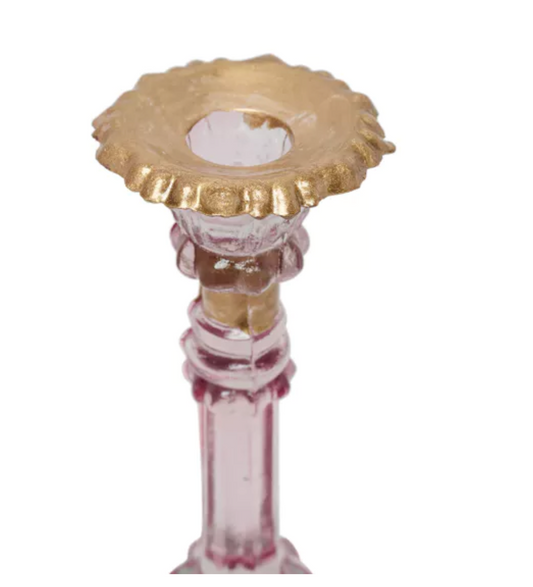 GLASS CANDLESTICK HOLDER WITH GOLD RIM - PINK