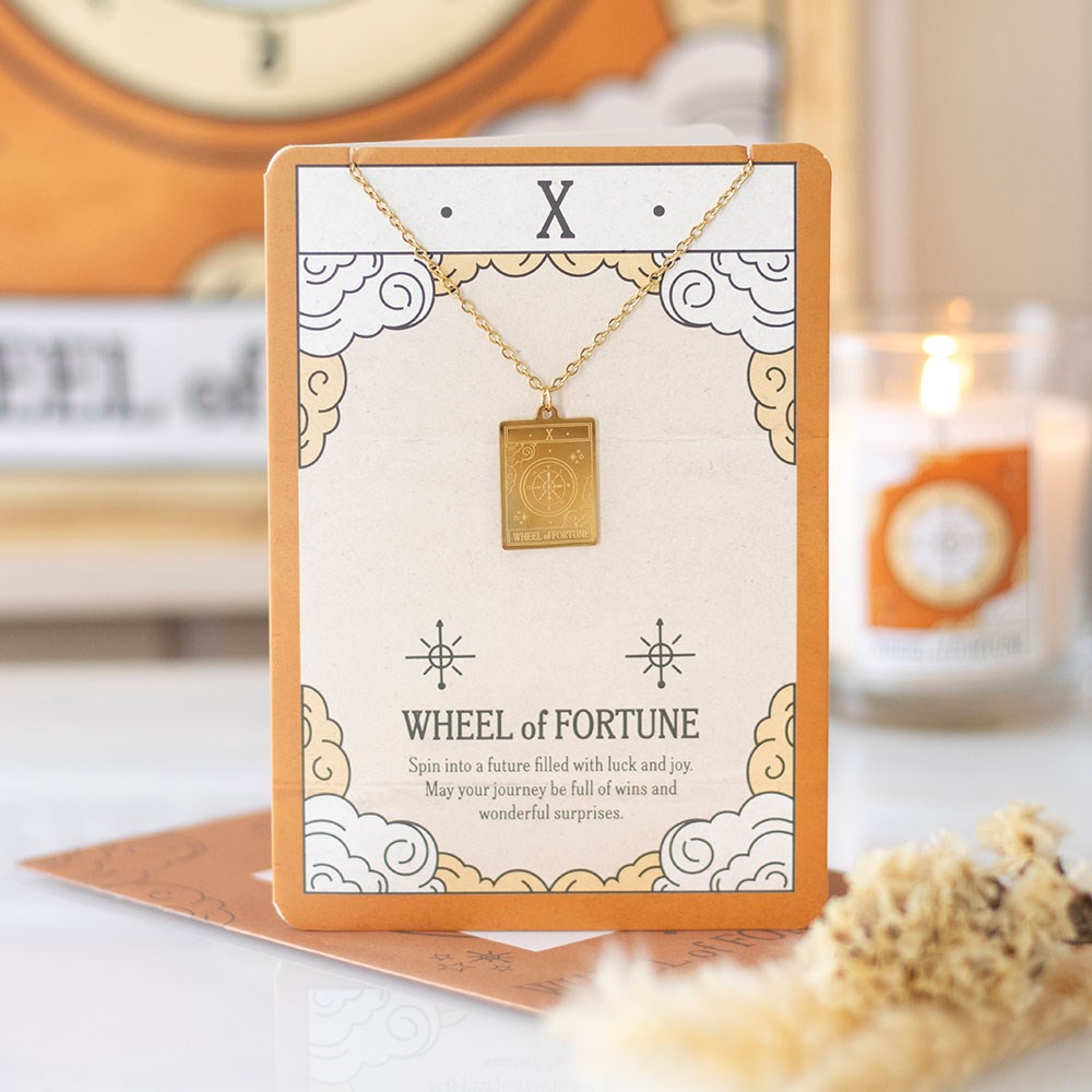 THE WHEEL OF FORTUNE VINTAGE TAROT NECKLACE ON GREETING CARD