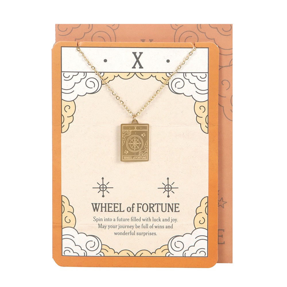 THE WHEEL OF FORTUNE VINTAGE TAROT NECKLACE ON GREETING CARD