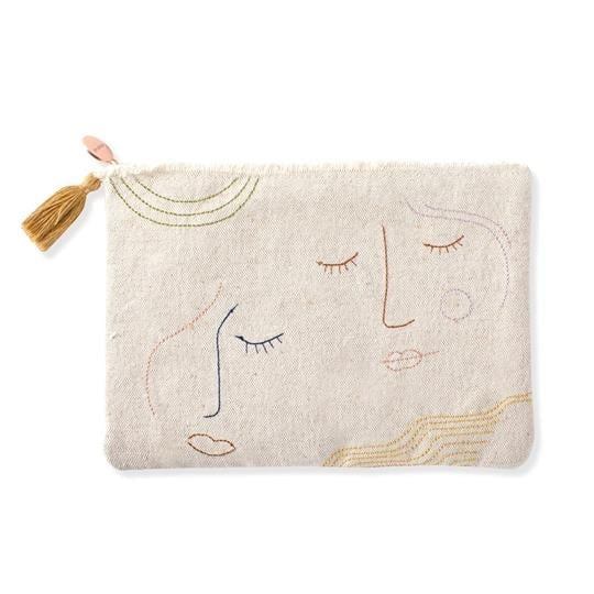 FRINGE STUDIO STITCHED FACES POUCH WITH TASSEL ZIP