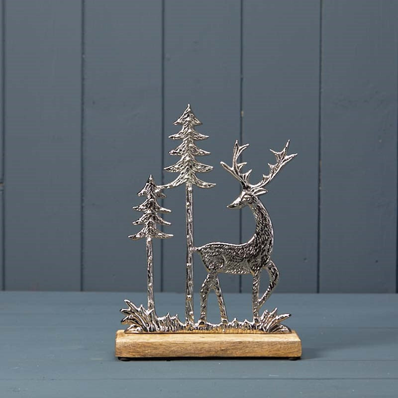 Silver Deer with Trees On Wooden Block 22.5cm