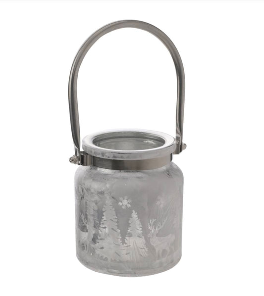 FROSTED REINDEER FOREST SCENE LANTERN WITH HANDLE