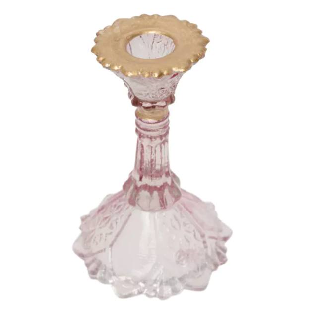 GLASS CANDLESTICK HOLDER WITH GOLD RIM - PINK