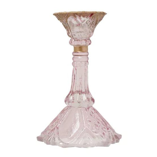 GLASS CANDLESTICK HOLDER WITH GOLD RIM - PINK