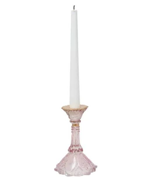 GLASS CANDLESTICK HOLDER WITH GOLD RIM - PINK