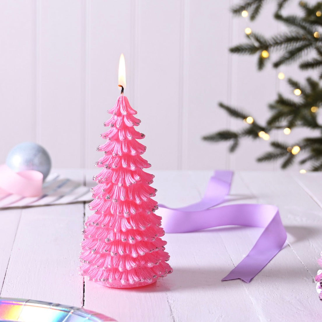 LARGE PINK CHRISTMAS TREE CANDLES WITH SILVER GLITTER