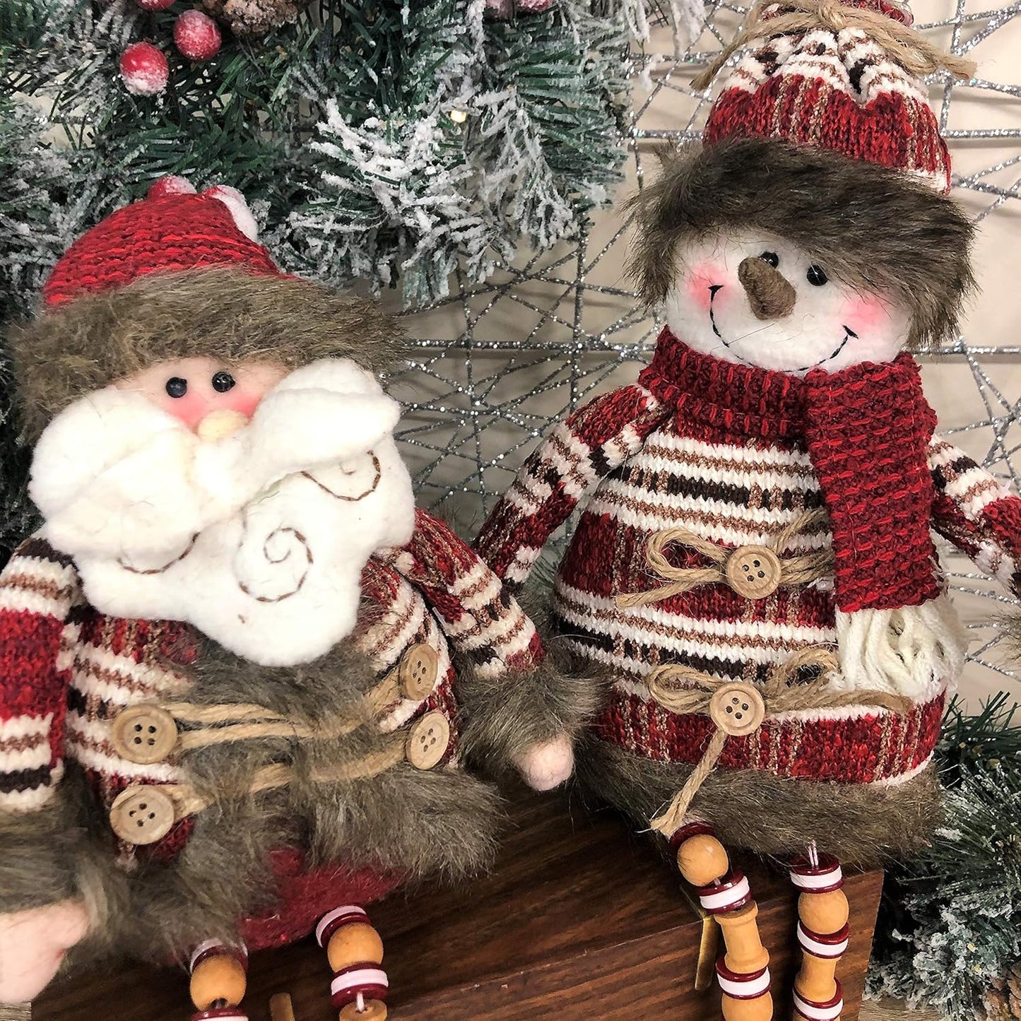 SITTING SANTA & SNOWMAN WITH WOODEN LEGS