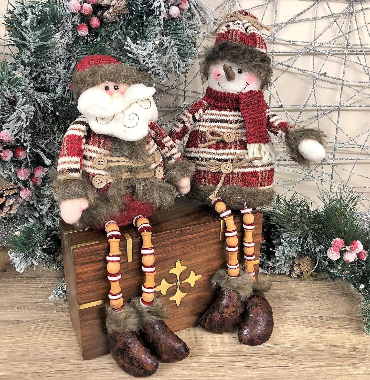 SITTING SANTA & SNOWMAN WITH WOODEN LEGS