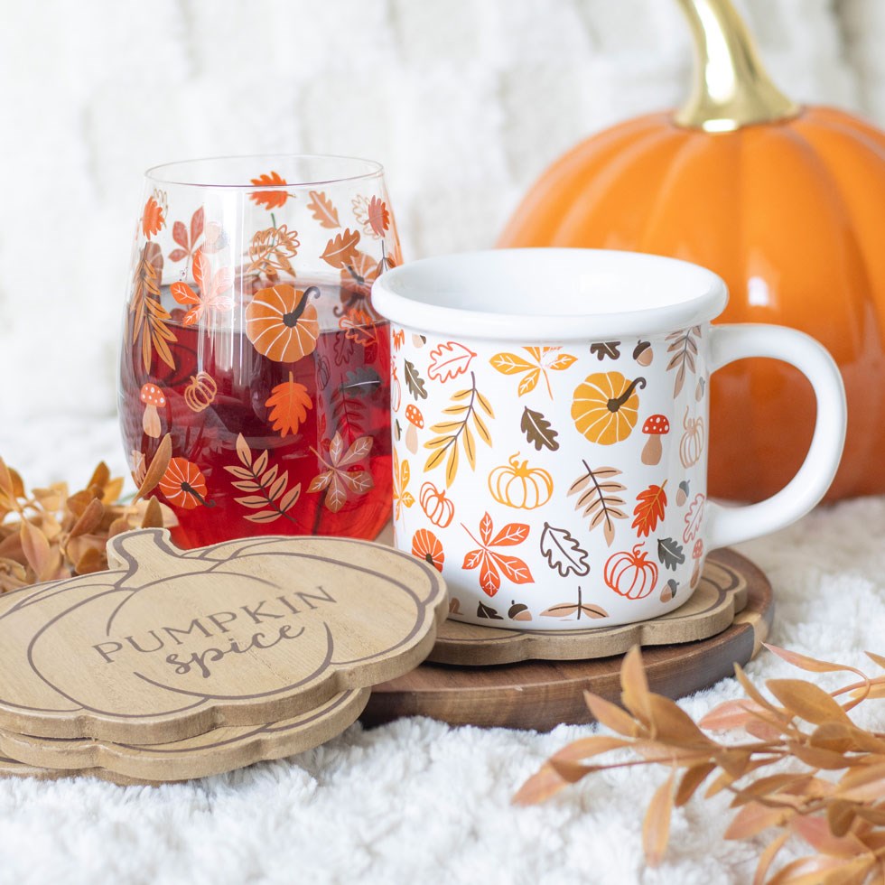 AUTUMN LEAVES AND PUMPKINS STEMLESS GLASS