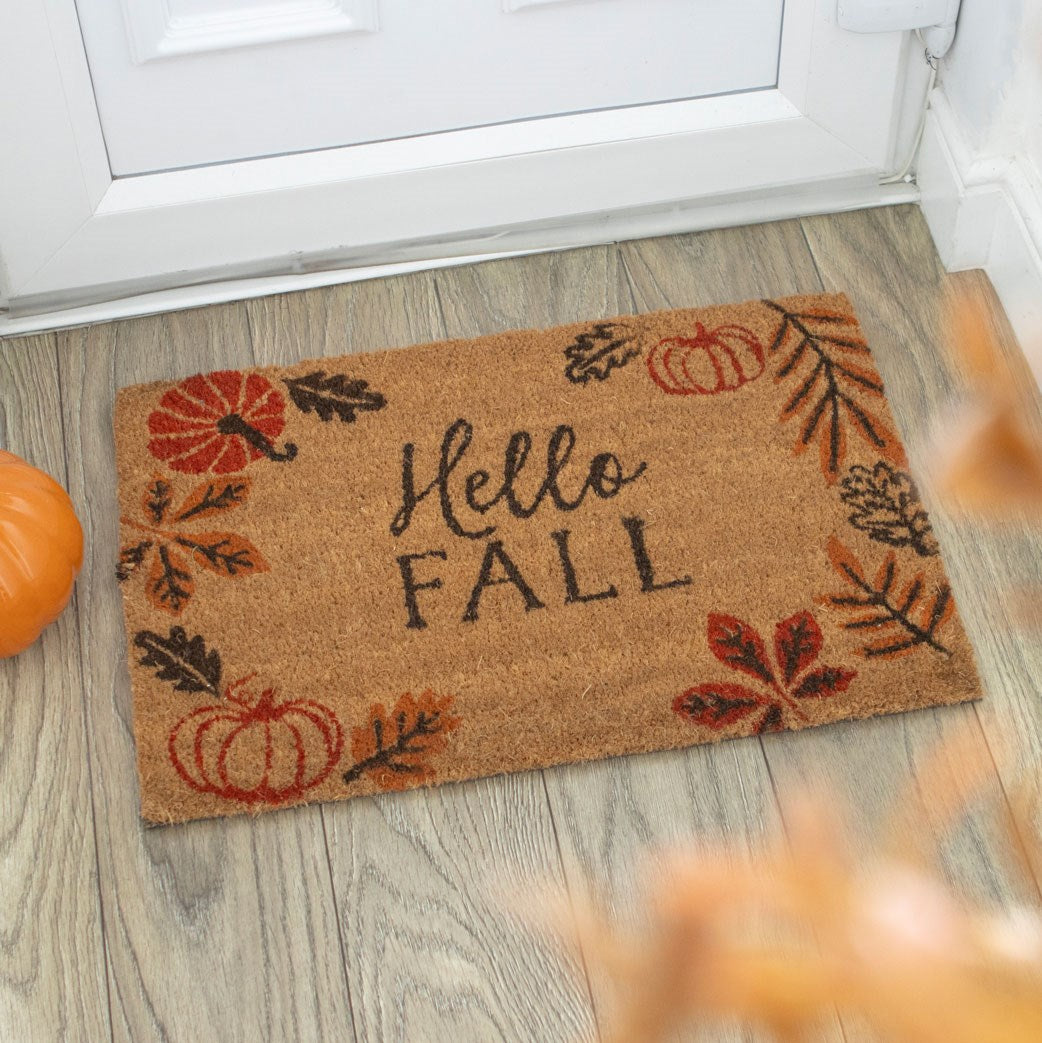 NATURAL PUMPKIN LEAVES HELLO FALL DOORMAT