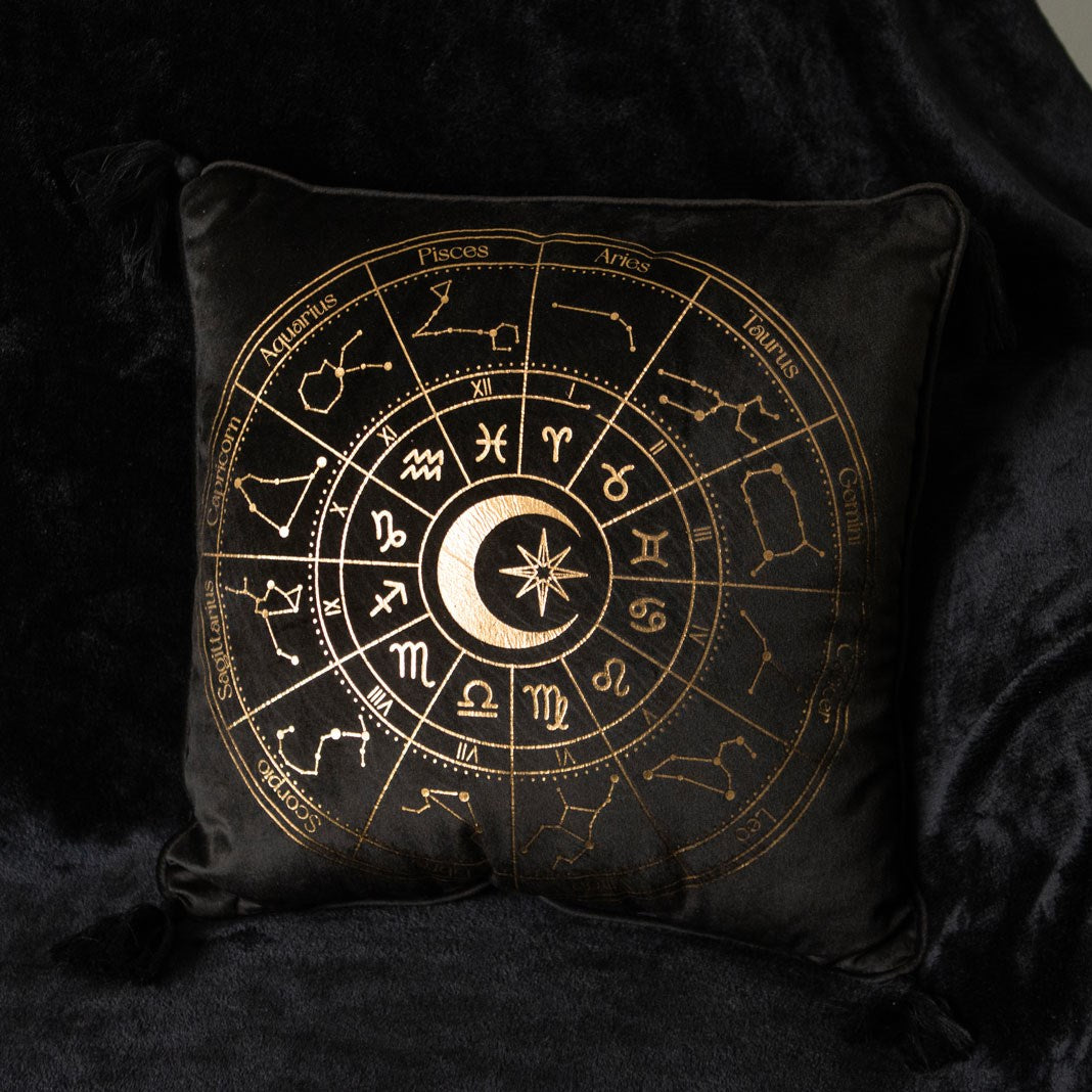 35CM SQUARE BLACK ASTROLOGY WHEEL CUSHION