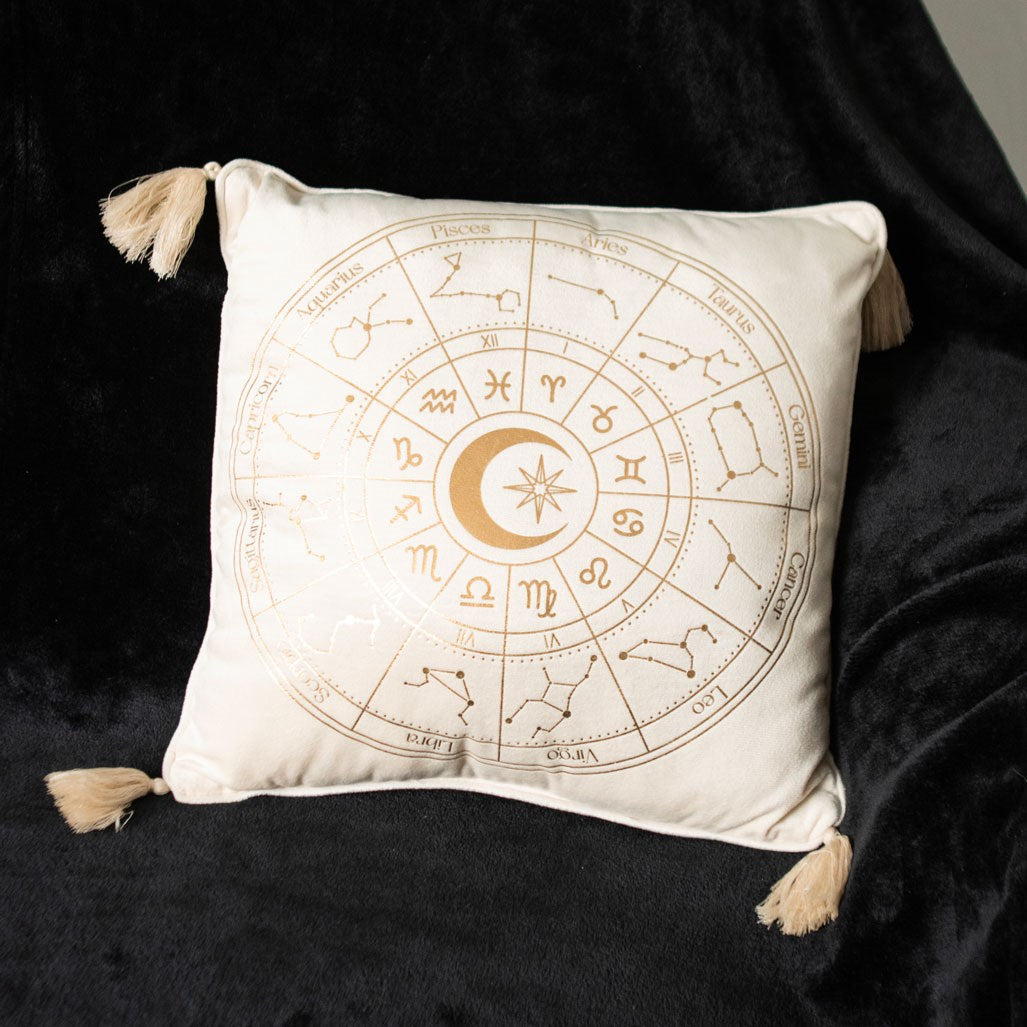 35CM SQUARE OFF WHITE ASTROLOGY WHEEL CUSHION