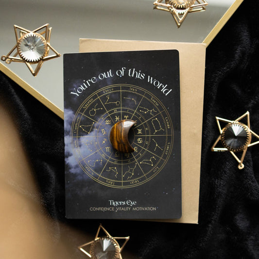 OUT OF THIS WORLD TIGER'S EYE CRYSTAL MOON GREETING CARD