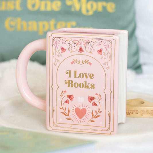 I LOVE BOOKS PINK BOOK SHAPED MUG