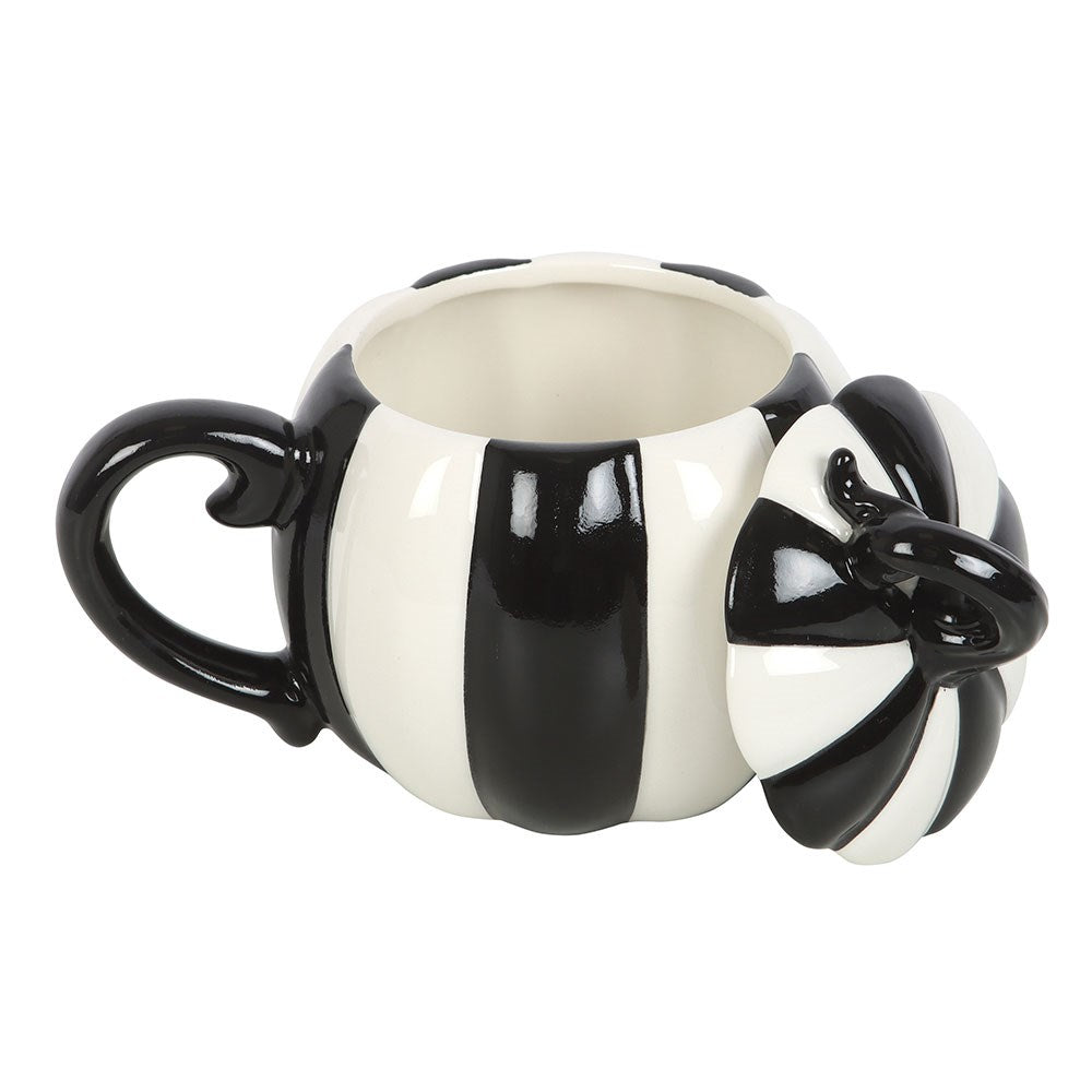BLACK AND WHITE STRIPED PUMPKIN LIDDED MUG