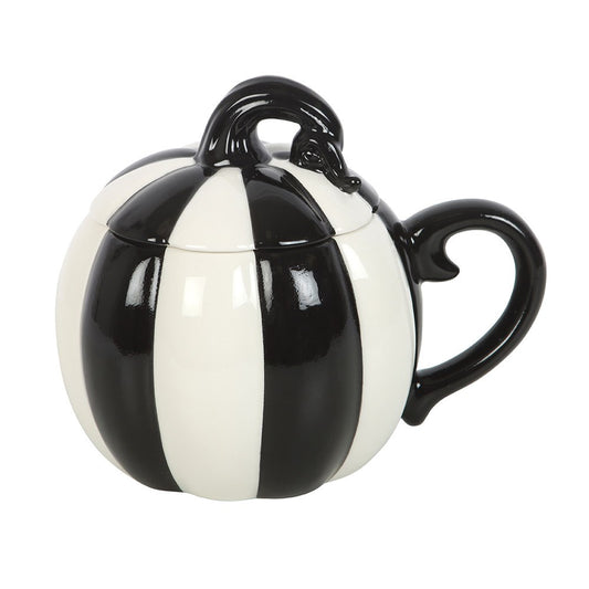 BLACK AND WHITE STRIPED PUMPKIN LIDDED MUG