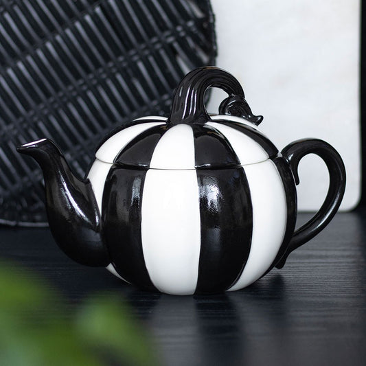 BLACK AND WHITE STRIPED PUMPKIN TEAPOT
