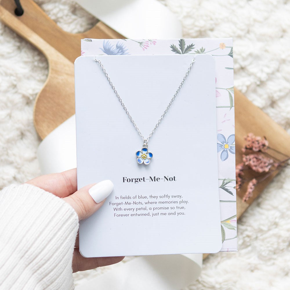 FORGET-ME-NOT FLOWER NECKLACE ON GREETING CARD