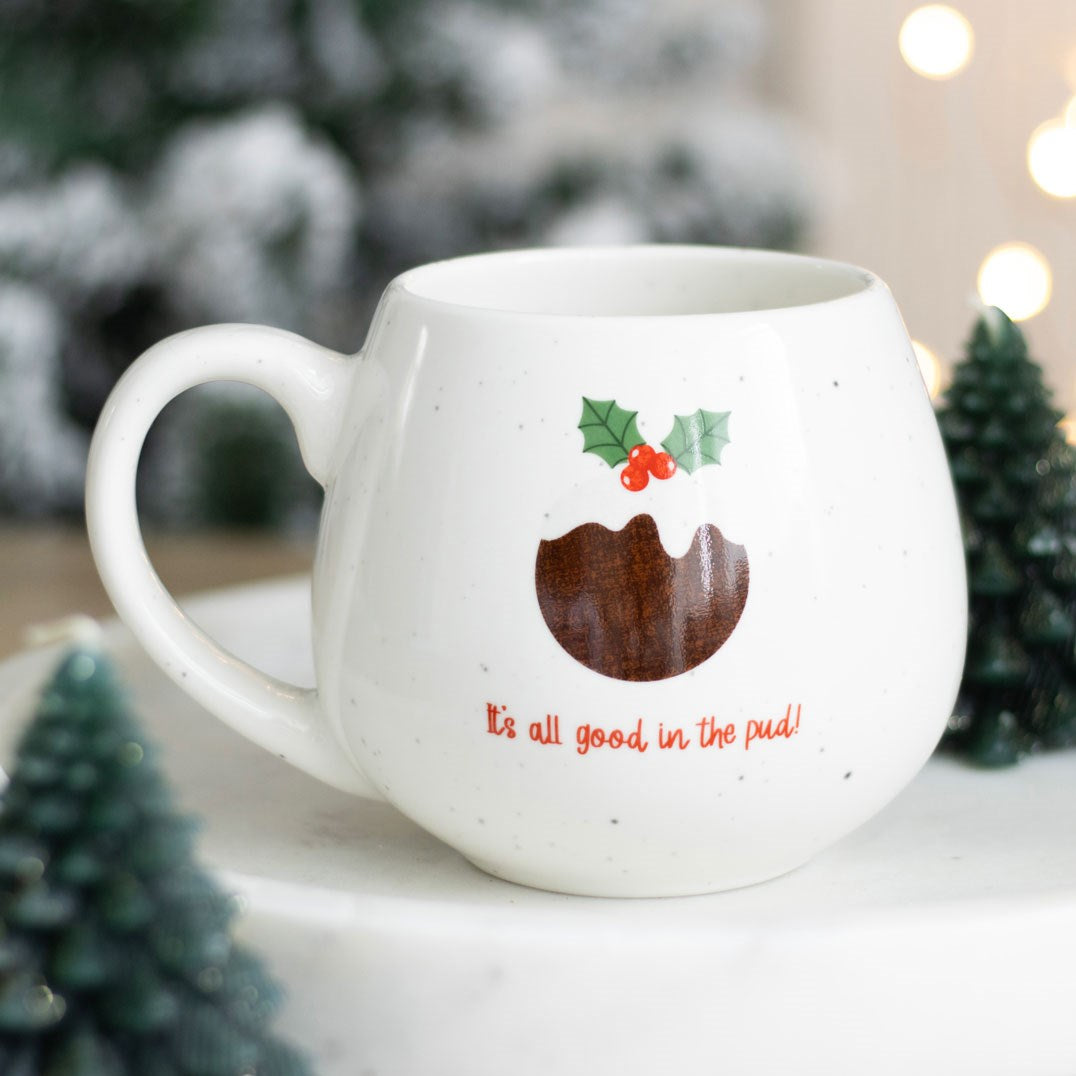 ALL GOOD IN THE PUD ROUNDED CHRISTMAS MUG