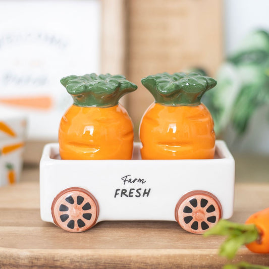 CARROT SALT AND PEPPER SHAKERS IN WAGON